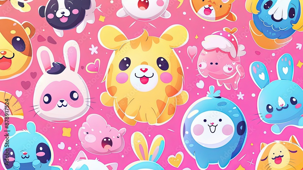 A background depicting different animal, each showing unique happy emotions in anime style. A background depicting different animal, each showing unique happy emotions in anime style.