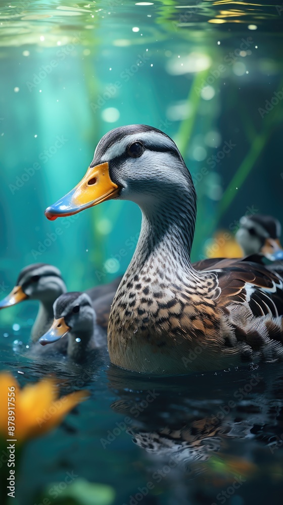 Fototapeta premium two ducks are in the water, one of them is a duckling.