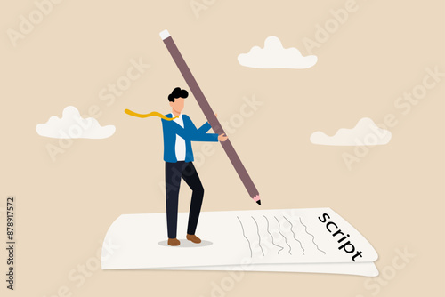 Business development successful, strategy to reach business target or career path achievement concept, smart businessman use huge pencil to draw rising up staircase and walk climbing up ladder