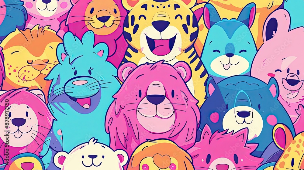A background image of animal displaying different happy emotions in anime style. A background image of animal displaying different happy emotions in anime style.