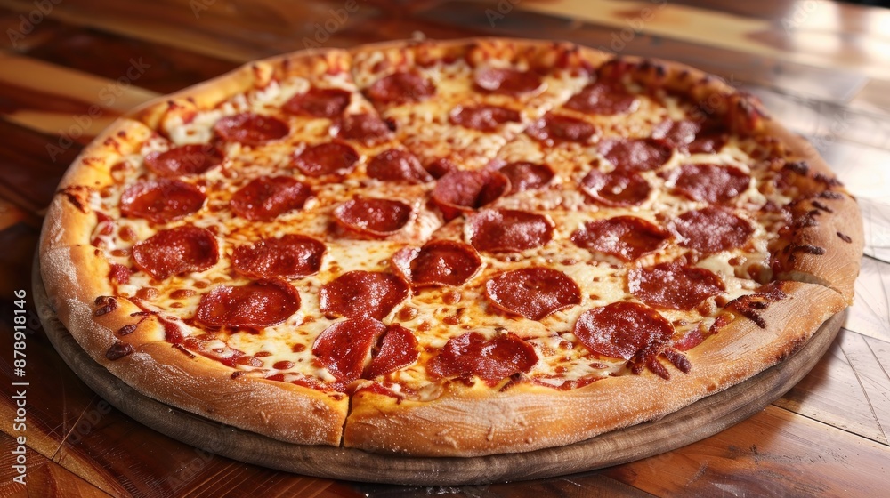 Pizza displayed on a wooden surface Pizza displayed on a wooden surface