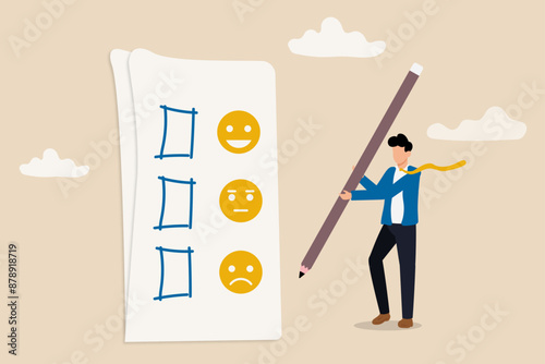 Customer rating, feedback from consumer for liking product and service concept, man holding pencil thinking about experience and giving rating on questionnaire with happy, neutral and angry faces