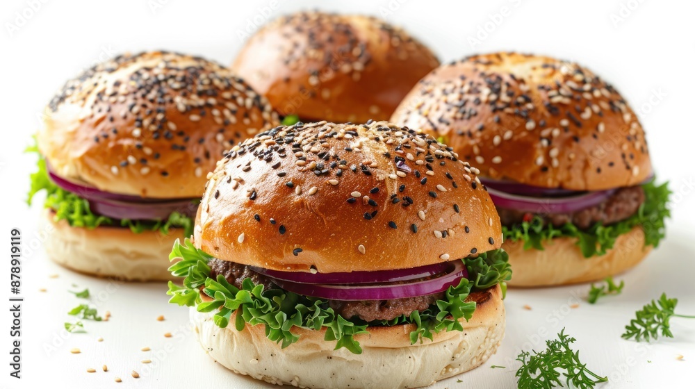 Close-up of Four Delicious Sesame Seed Burgers Close-up of Four Delicious Sesame Seed Burgers