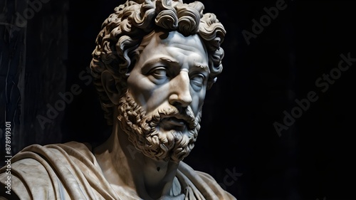 A stoic bust of Marcus Aurelius, sculpted from weathered marble with cracks and veins that hint at the passage of time, bathed in dramatic chiaroscuro lighting that accentuates Generative AI
