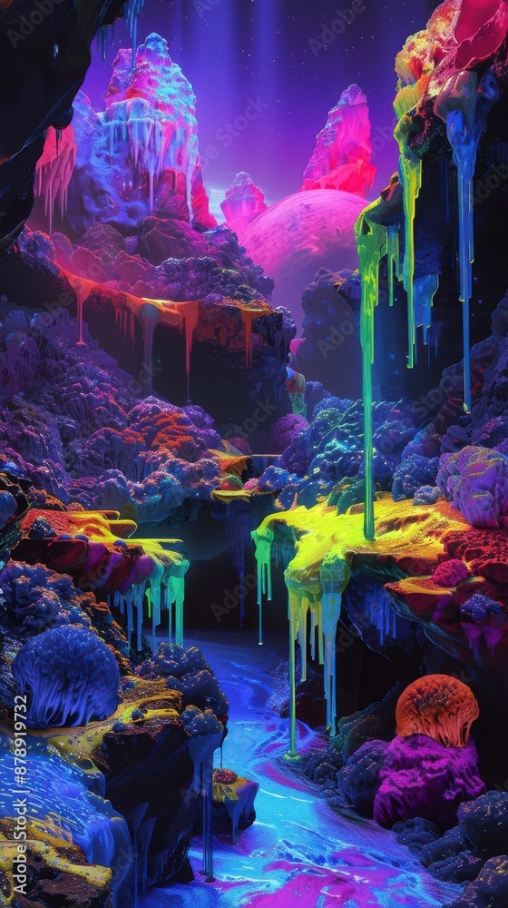 Colorful landscape with dripping paint, a glowing planet in the background Colorful landscape with dripping paint, a glowing planet in the background