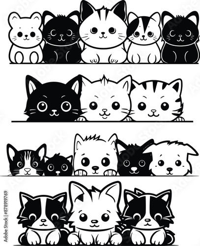 peeking cat group silhouette black and white vector illustration cute sticker set, car sticker collection
