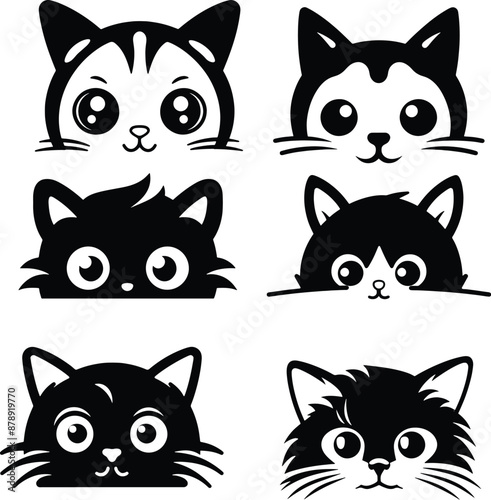 peeking cat silhouette black and white vector illustration cute sticker set, car sticker collection
