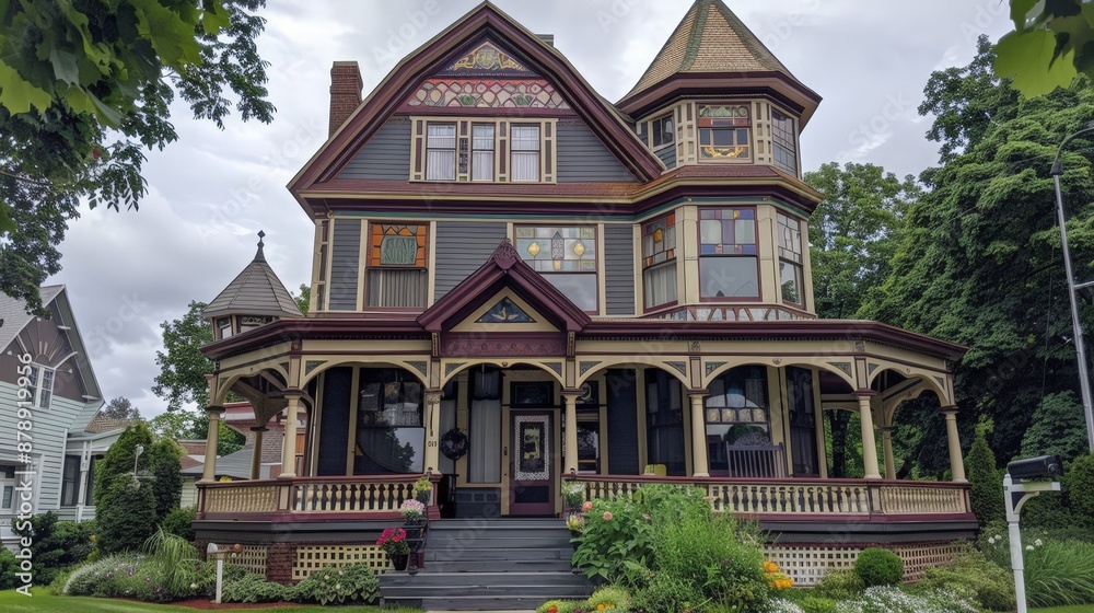 A classic Victorian house with ornate trim, stained glass windows, and a wraparound porch. A classic Victorian house with ornate trim, stained glass windows, and a wraparound porch.
