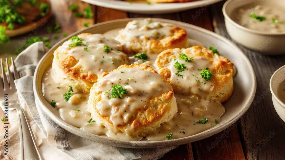 Zooming in on a delicious Plate of Biscuits with Sausage Gravy Zooming in on a delicious Plate of Biscuits with Sausage Gravy