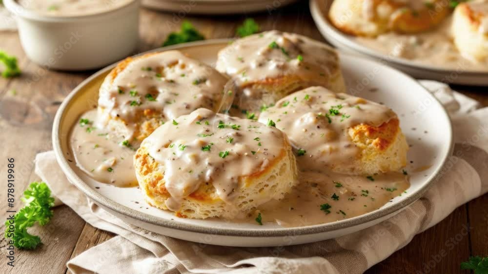 Zooming in on a delicious Plate of Biscuits with Sausage Gravy Zooming in on a delicious Plate of Biscuits with Sausage Gravy