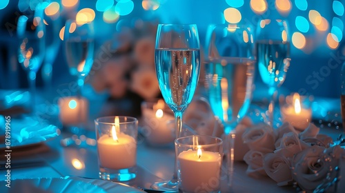 Wedding decorated table with candles and champagne in the tenderly light blue style