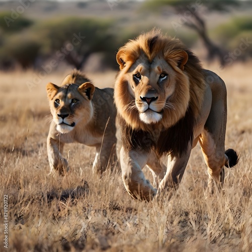 The lion leading the pack in a strategic hunt, with a focus on its eyes against a blurred savannah background, symbolizes the concept of leaderships Generative AI  photo