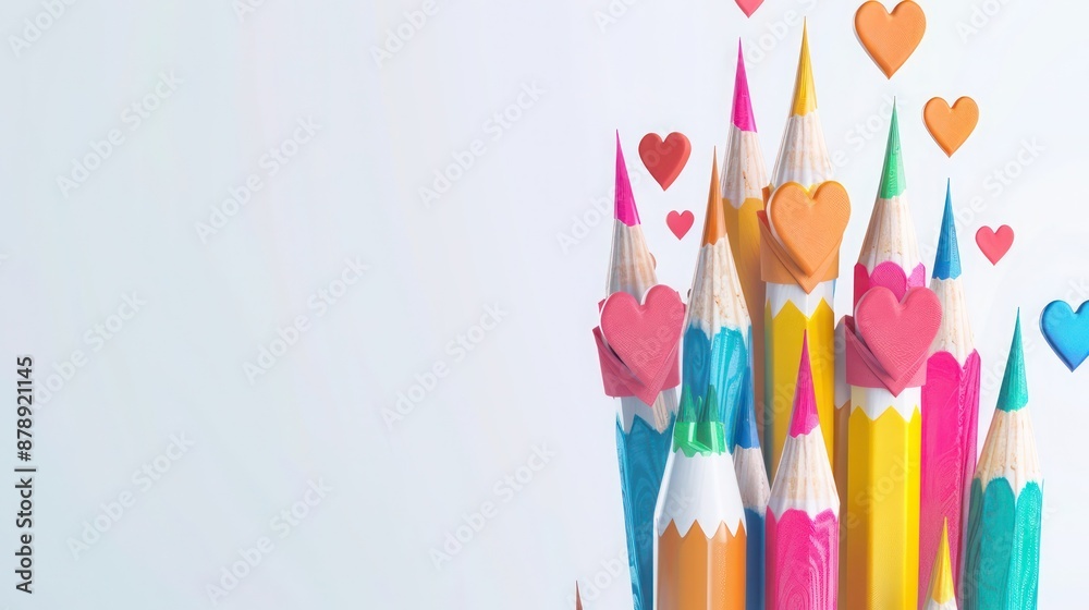 A vibrant display of a pencil rocket, each pencil wrapped with a heart emoji, set against a white mockup background, celebrating love for learning in a visually appealing way A vibrant display of a pencil rocket, each pencil wrapped with a heart emoji, set against a white mockup background, celebrating love for learning in a visually appealing way