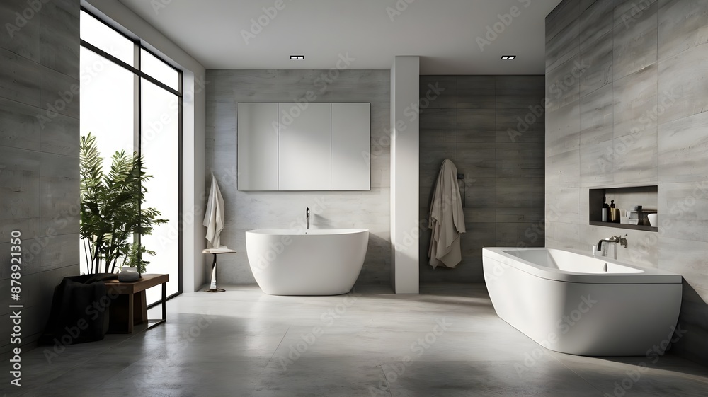 Bathroom with modern white clean freestanding
bathtub and minimalistic tiles towel Bathroom with modern white clean freestanding
bathtub and minimalistic tiles towel