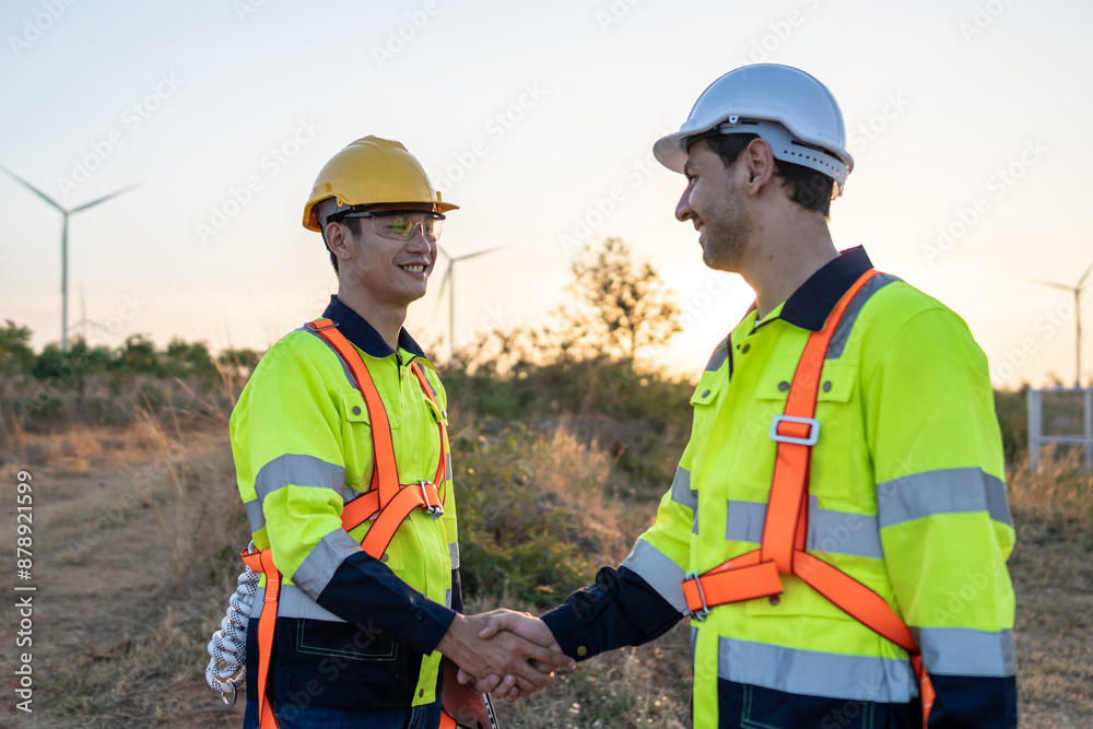 Technicians man making handshake while work in the wind turbines field. Technicians man making handshake while work in the wind turbines field.