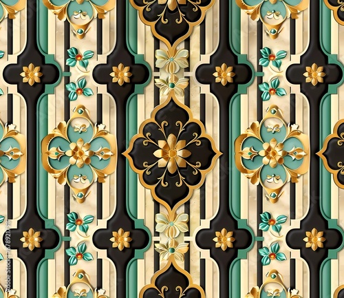 3D render, flat design, colorful seamless pattern with geometric and floral elements in beige, teal, black, green, and gold on a background 
