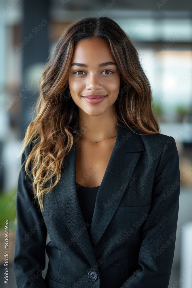 A confident professional woman in a black business suit smiling in a modern office setting, showcasing leadership and success. A confident professional woman in a black business suit smiling in a modern office setting, showcasing leadership and success.