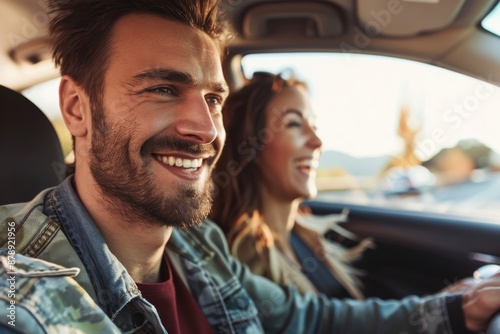 Caucasian young man driving a car with joyful woman on a long drive