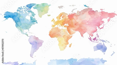 Fototapeta Naklejka Na Ścianę i Meble -  A colorful watercolor world map, with each continent painted in a different pastel shade