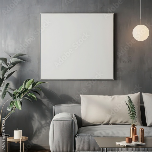 Framed square blank canvas mockup on the wall of a stylish modern apartment, great for presenting your artwork or designs