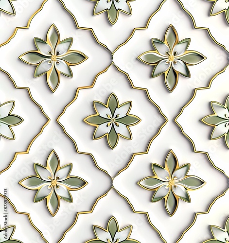 3D render of a simple pattern on a white background with golden and olive green accents in the style of a simple flower shape.
