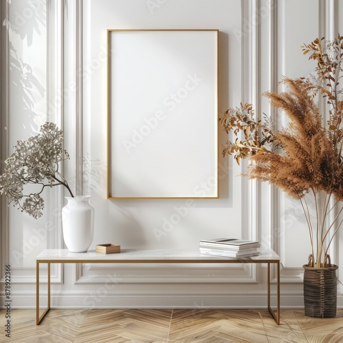 vertical blank frame mock-up on a hallway table. ideal for displaying custom prints or photos in a modern and elegant setting