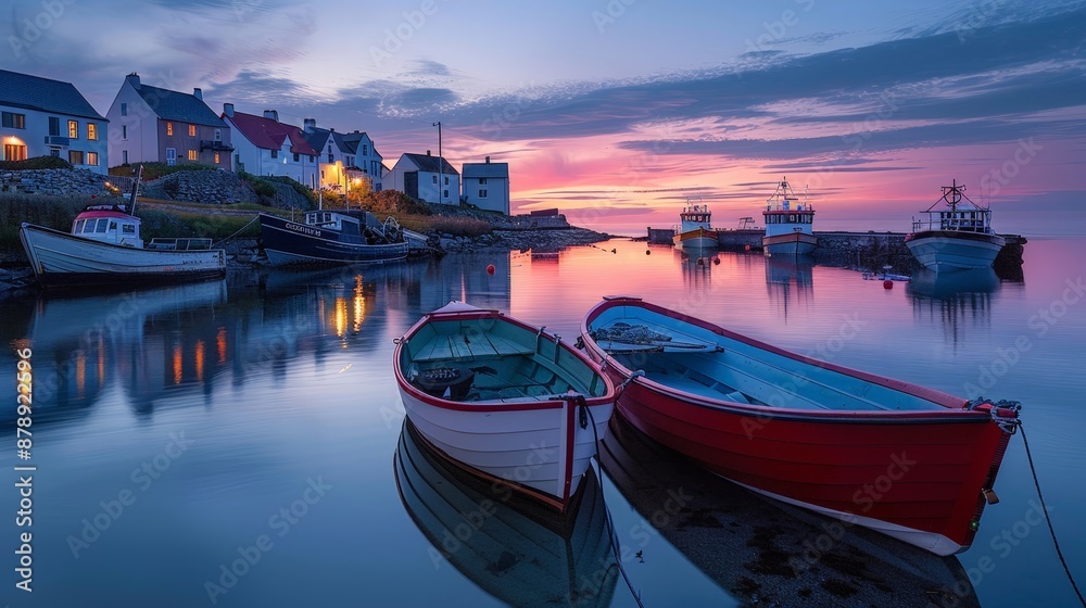 A charming fishing village at dawn, boats anchored in calm waters, soft light illuminating the scene A charming fishing village at dawn, boats anchored in calm waters, soft light illuminating the scene