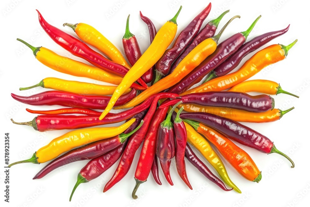 A group of hot peppers arranged on a white surface, great for food and cooking images A group of hot peppers arranged on a white surface, great for food and cooking images