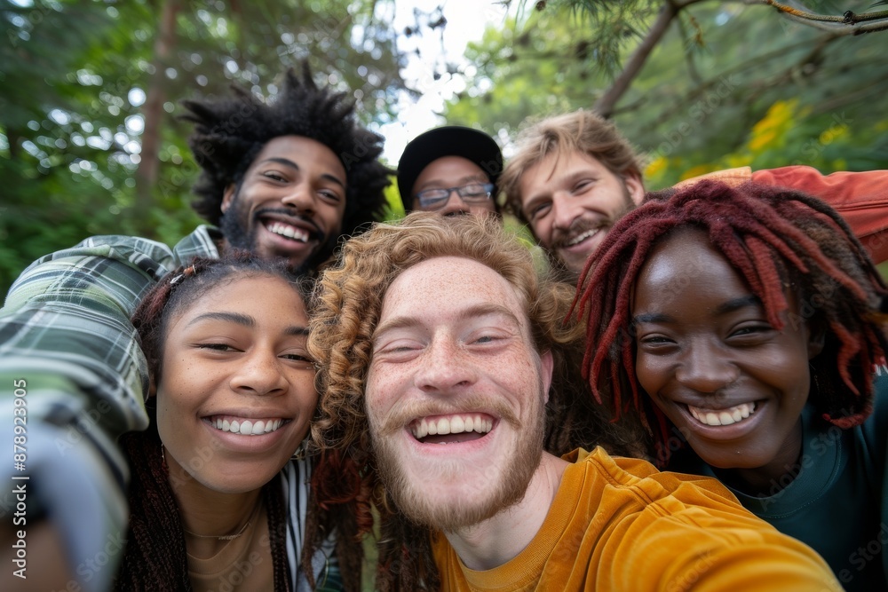 diverse friends chilling outside taking group selfie and smiling diverse friends chilling outside taking group selfie and smiling