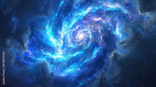 A mesmerizing blue nebula spins with glowing energy amidst a starry backdrop
