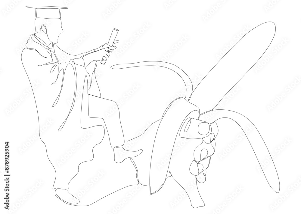 Fototapeta premium One continuous line of Graduati man with banana. Thin Line Illustration vector concept. Contour Drawing Creative ideas.