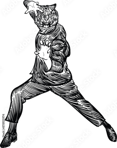 Vintage hand drawn sketch of tiger kungfu claw black uniform Chinese new year 