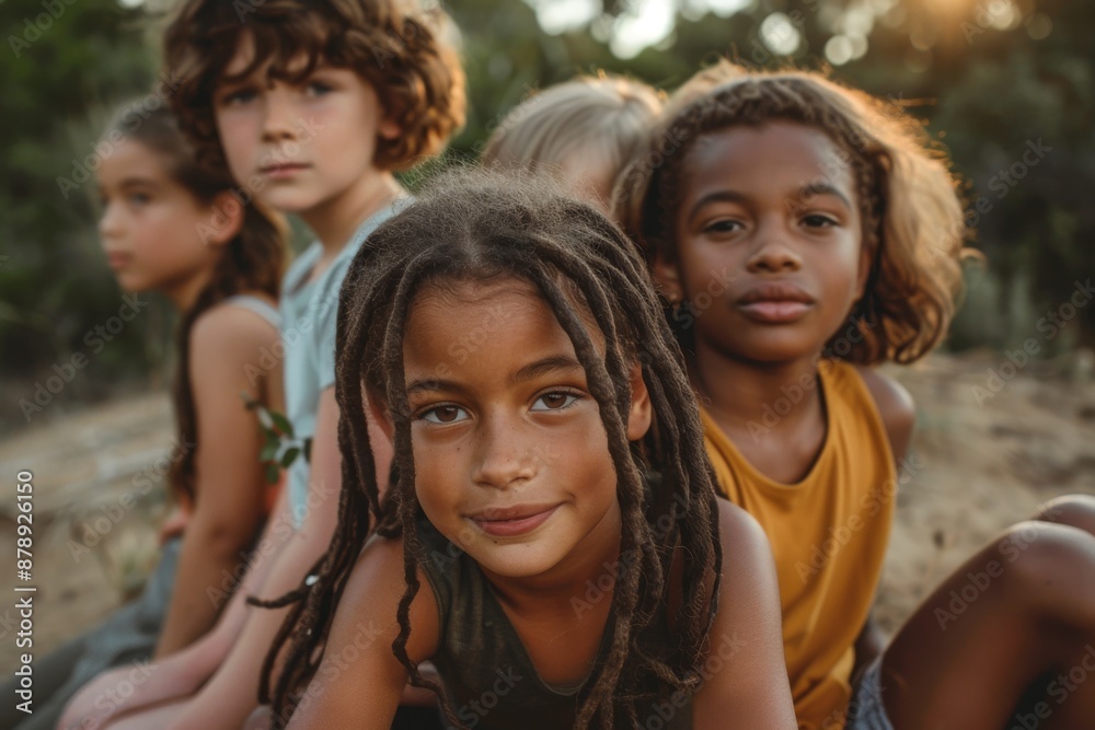 Group of cute diverse kids sitting together in park and looking at camera Group of cute diverse kids sitting together in park and looking at camera