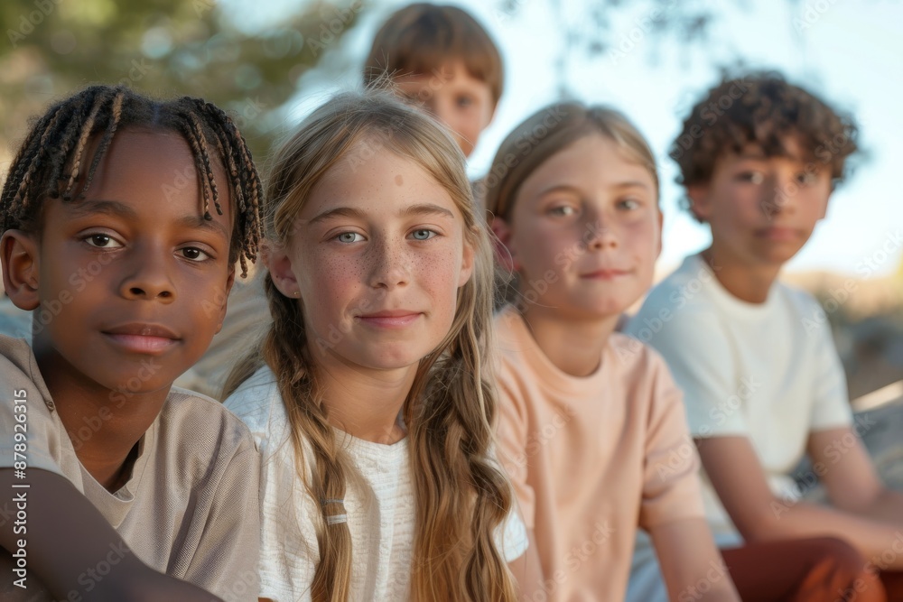 Group of cute diverse kids sitting together in park and looking at camera Group of cute diverse kids sitting together in park and looking at camera