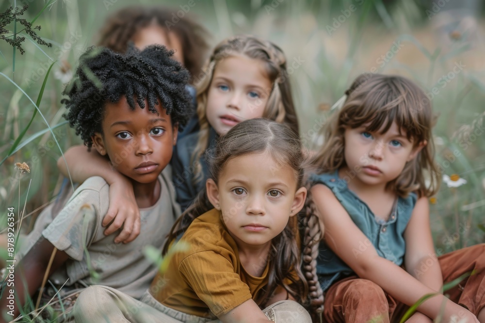 Group of cute diverse kids sitting together in park and looking at camera Group of cute diverse kids sitting together in park and looking at camera