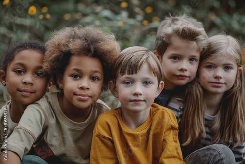 Group of cute diverse kids sitting together in park and looking at camera