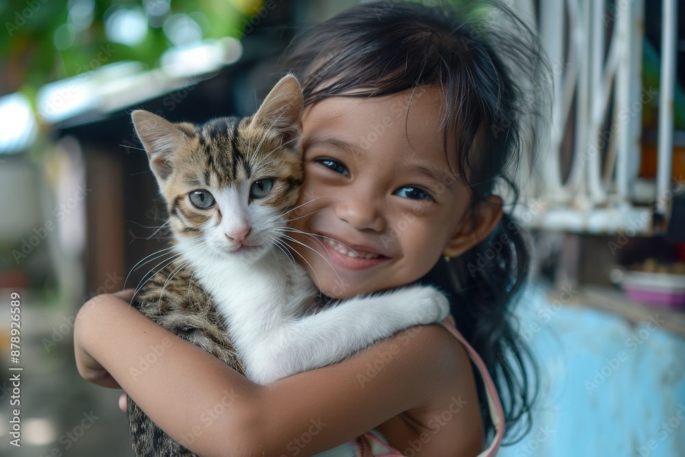 Little girl holding her cat close and smile happily Little girl holding her cat close and smile happily