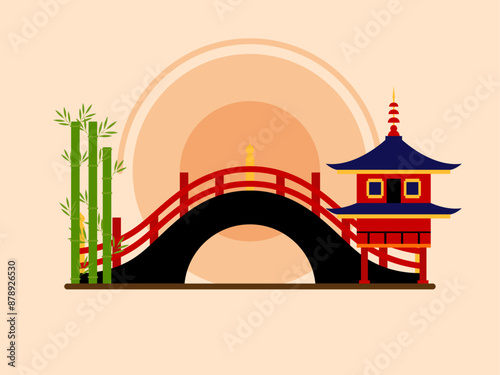 Japanese landscape with bridge.  Japanese vector illustration