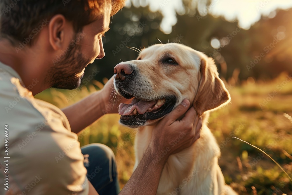 Man gently petting his dog, both with happy expressions Man gently petting his dog, both with happy expressions