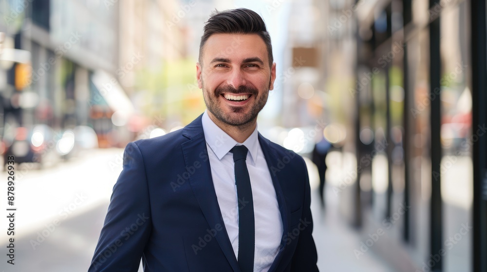 Confident Man in a Suit Smiling on the City Street Confident Man in a Suit Smiling on the City Street