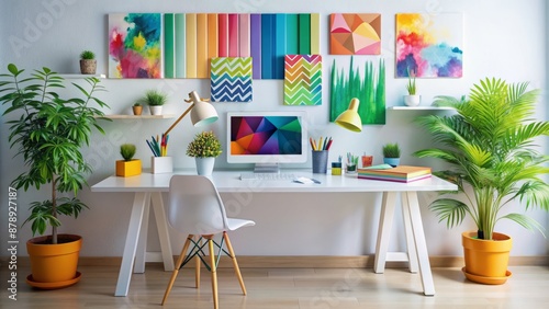Vibrant colorful artistic composition of various design elements and typography scattered across a clean modern white desk with minimalist decor.