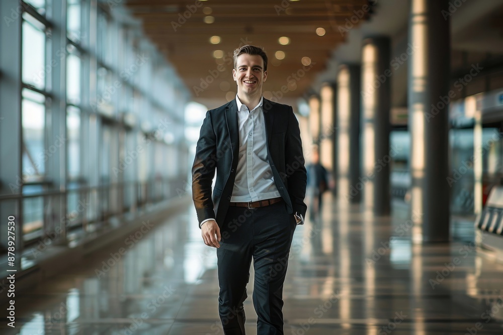 Happy young businessman walking at airport Happy young businessman walking at airport