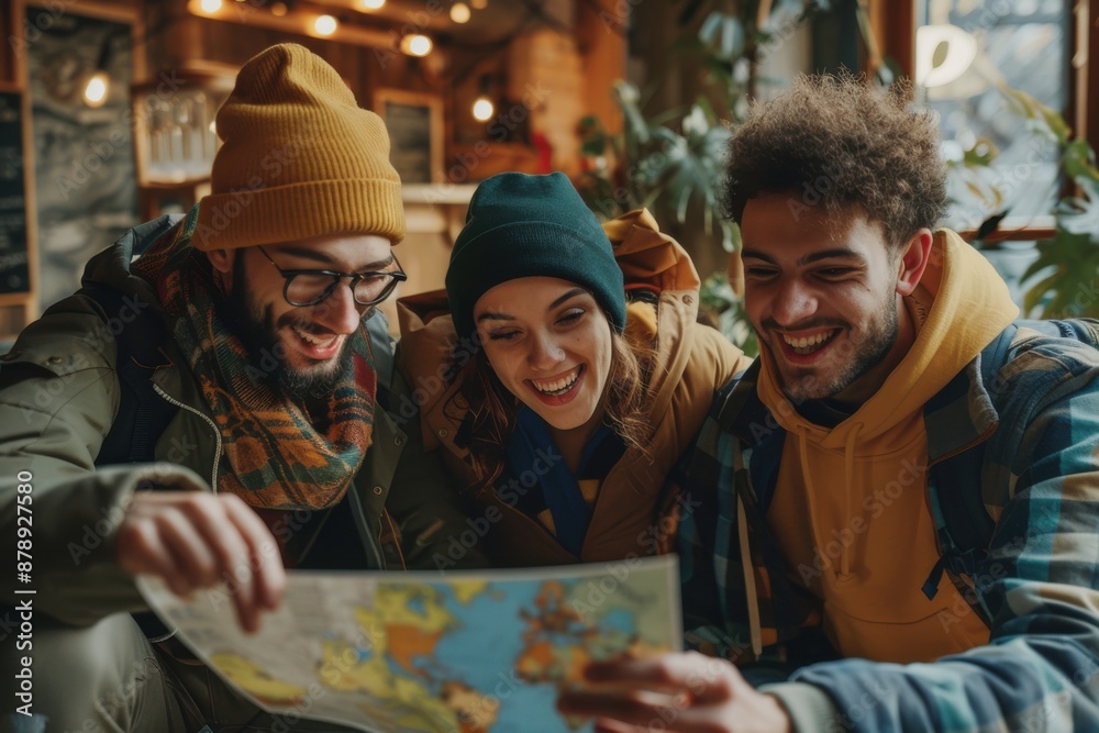 Obraz premium Group of friends excitedly planning a trip while looking at a map
