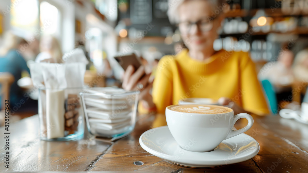 A woman relaxes at a table in a cafe, enjoying a steaming cup of latte and scrolling through her phone. A woman relaxes at a table in a cafe, enjoying a steaming cup of latte and scrolling through her phone.