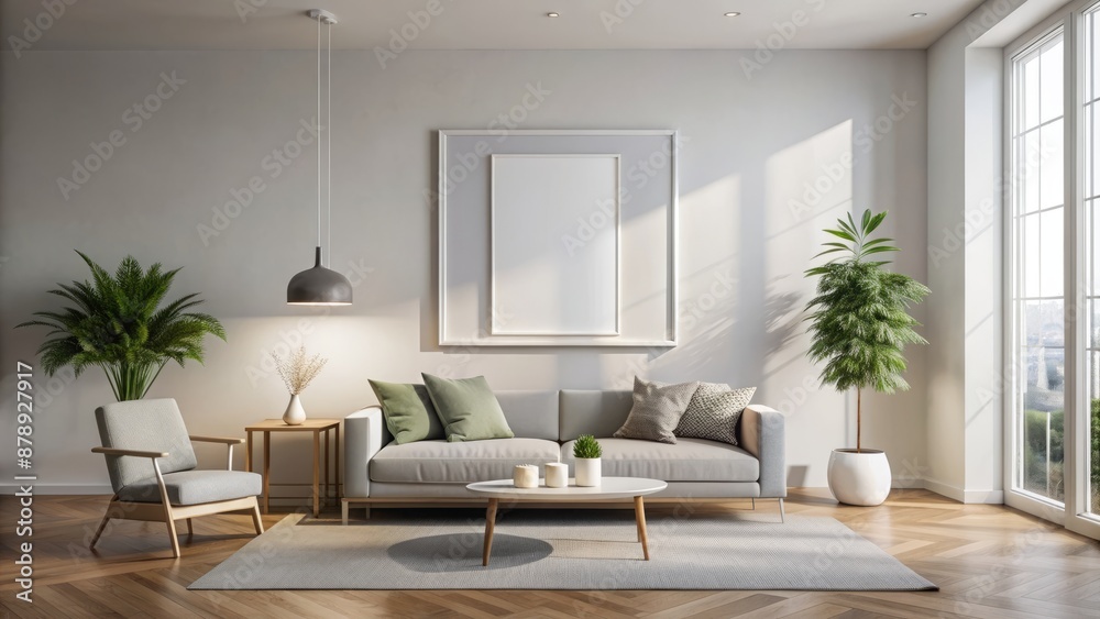 Sleek white minimalist frame suspended on a wall amidst modern living room's subtle decor, awaiting artistic expression and design showcase. Sleek white minimalist frame suspended on a wall amidst modern living room's subtle decor, awaiting artistic expression and design showcase.