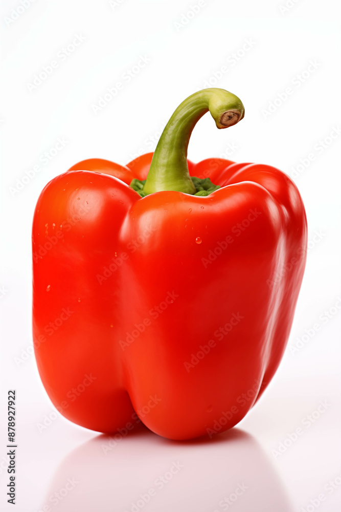 Bright and Juicy Red Bell Pepper with a Fresh Green Stem Against a Clean White Background Bright and Juicy Red Bell Pepper with a Fresh Green Stem Against a Clean White Background