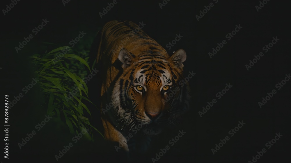 Obraz premium Generative AI, Tiger Emerging from Darkness in Jungle