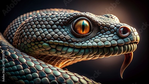 A menacing serpent's scaly skin and piercing eyes dominate the frame in a stark, dimly lit, isolated studio setting. © DigitalArt Max