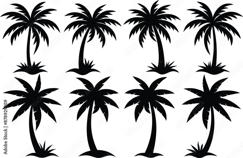 Palm tree Silhouette Bundle, set of black silhouettes of a palm tree

