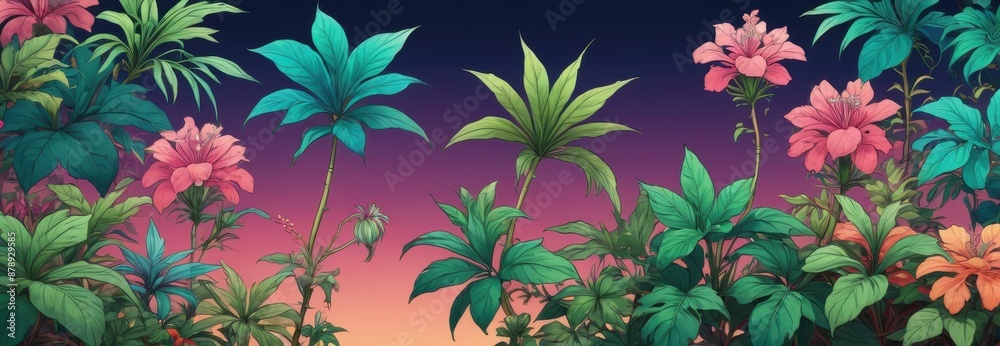 Tropical Flowers and Plants Against a Sunset Sky. Tropical Flowers and Plants Against a Sunset Sky.